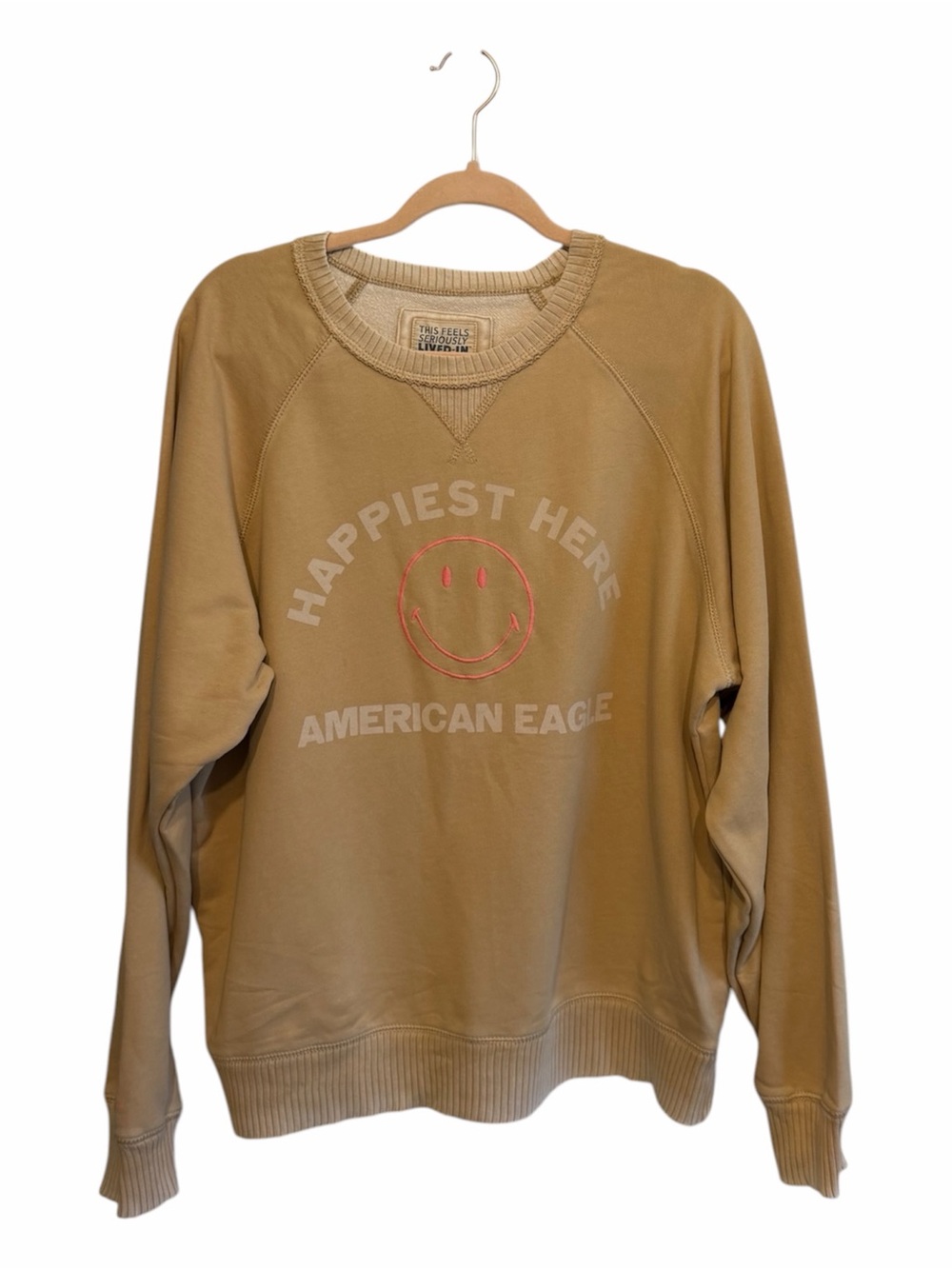 American Eagle Outfitters Men’s Tan Crewneck Sweatshirt with Pink Smile Graphic